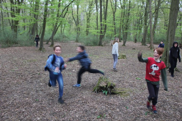 A group of Pioneers playing catch in the woods