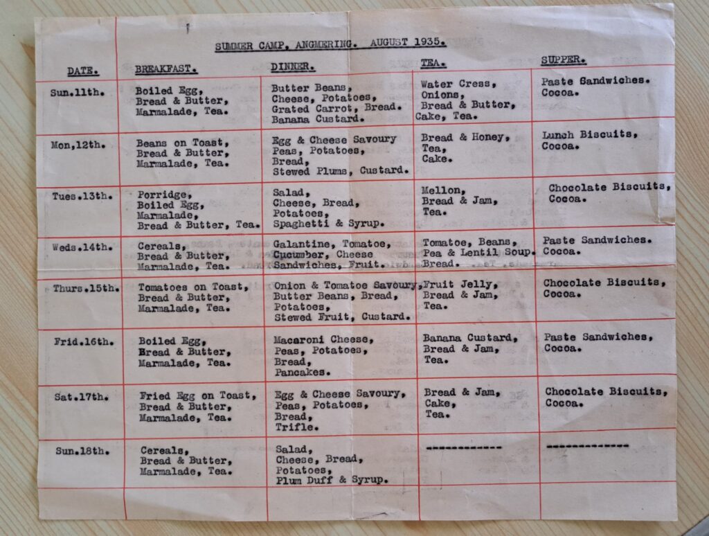 Camp menu from 1935