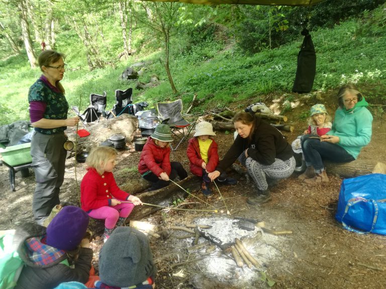 4 Woodchips and 3 adults toasting marshmallows on a small fire