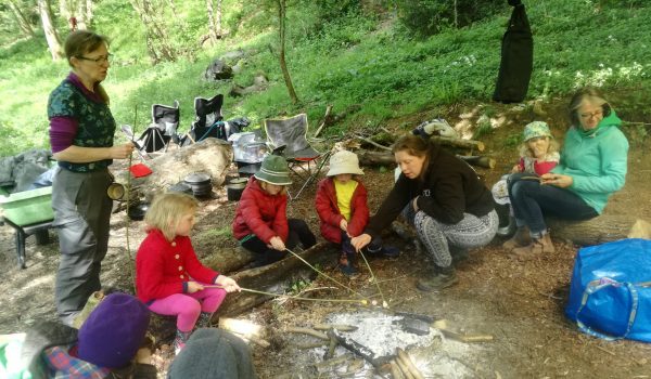 4 Woodchips and 3 adults toasting marshmallows on a small fire